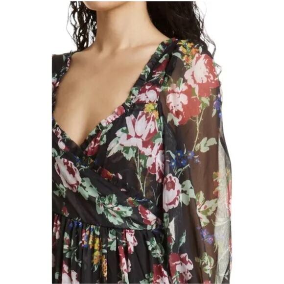 ByTIMO BLACK MULTI Floral Wrap Bodice Long Sleeve Chiffon DRESS SIZE L - Picture 3 of 5